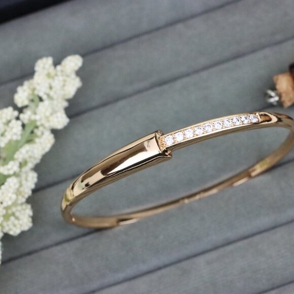 Minimalist Rose Gold Bangle with Sleek Cubic Zirconia Accent Line, XPBL0555 - Picture 11 of 12